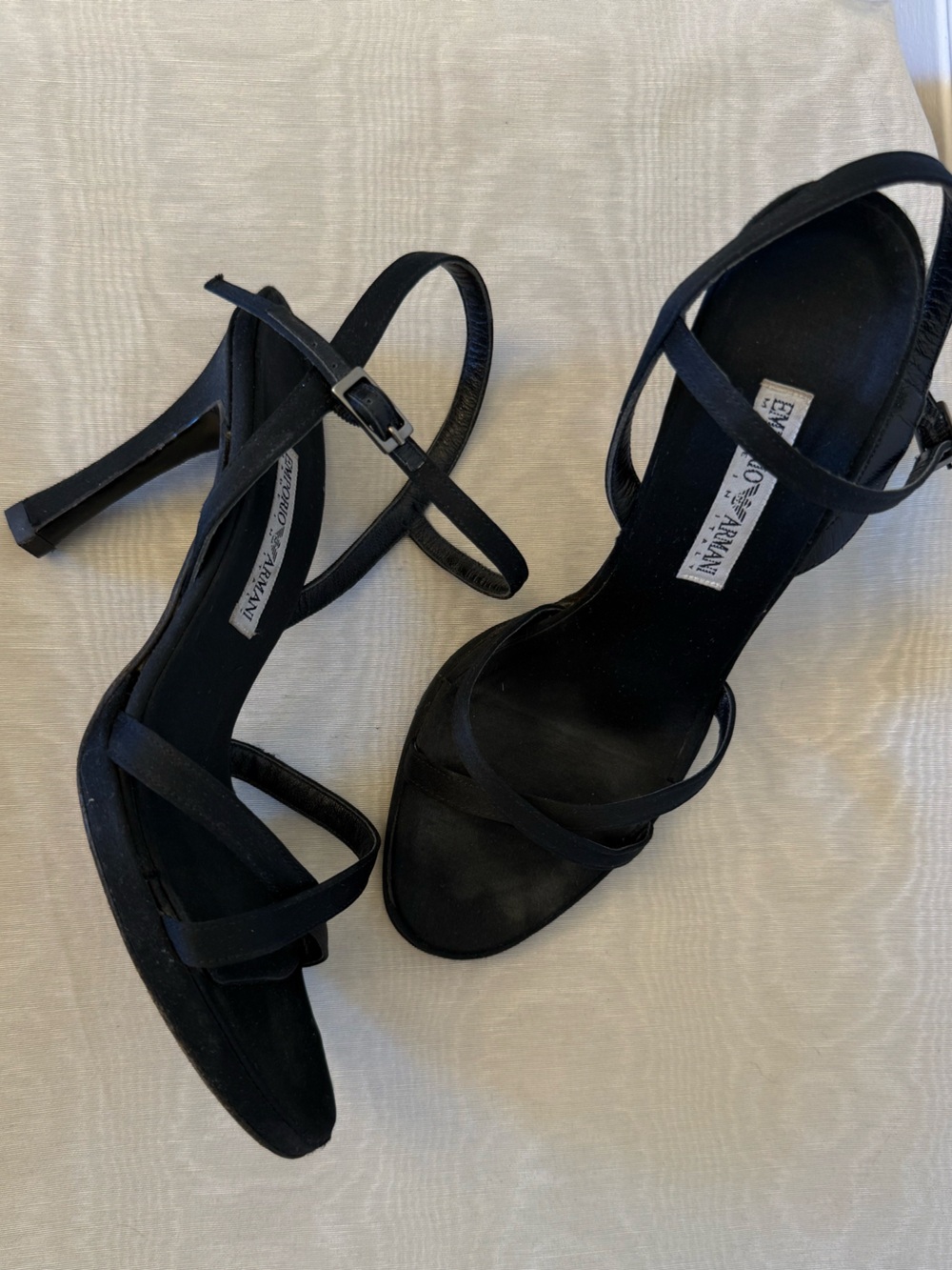 Vintage Emporio Armani Black Satin Strappy Heels Sandals 38 90s Minimalist